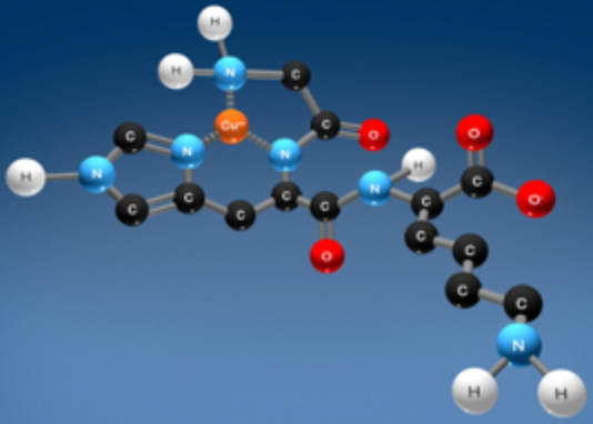 Molecular structure of copper tripeptide-1 growth factor showing centrally located copper linkages (Cu++)